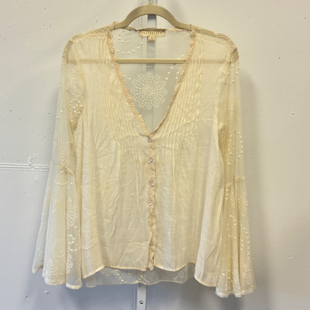 Lovestitch Cream Embroidered Mesh Bell‎ Sleeve Boho Blouse Festival Coquette Sm